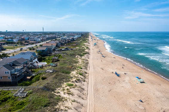Aerial view of homes along the water in the Outer Banks, NC